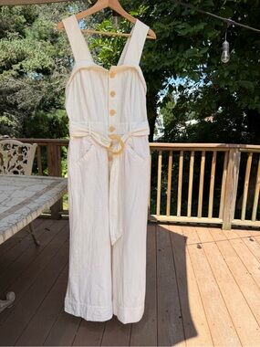 Anthropologie Ivory Linen Wide Leg Jumpsuit Size 12